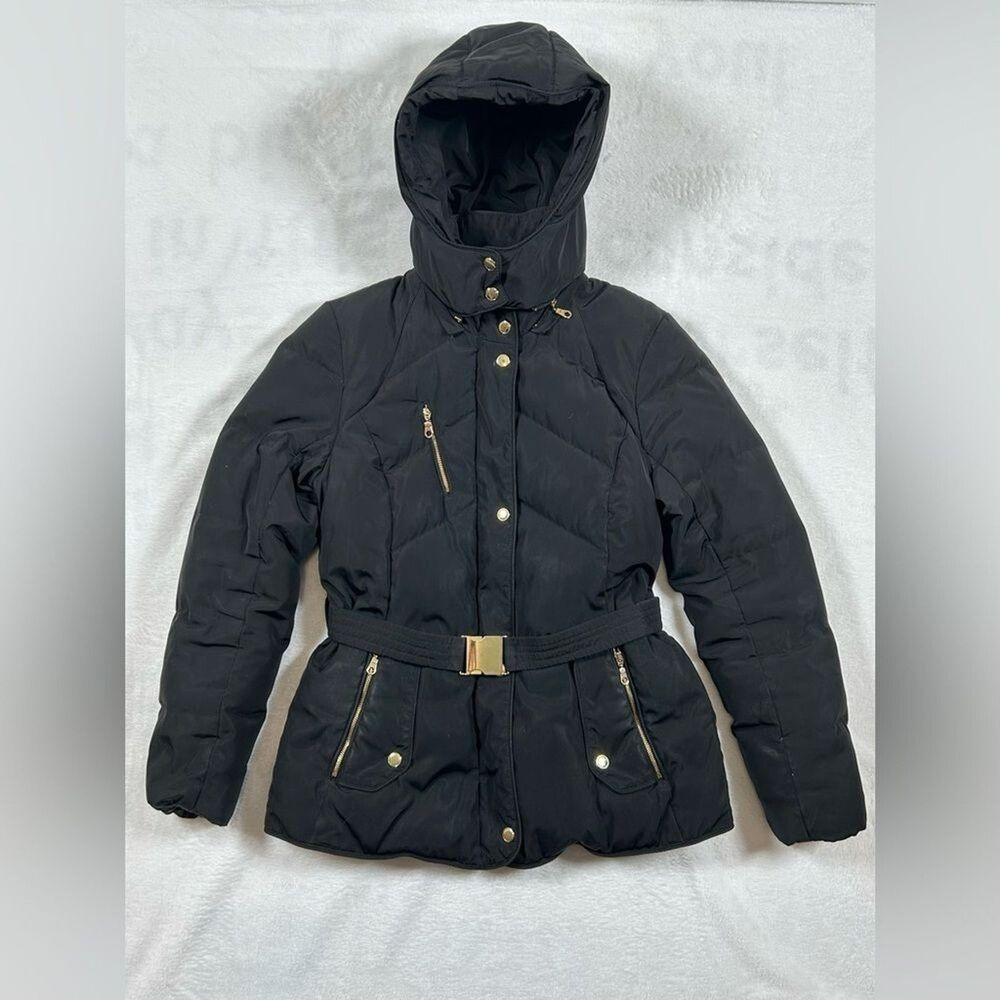 Cole Haan Hooded Down Full Zip Puffer Winter Jacket Medium Black Belted Feather